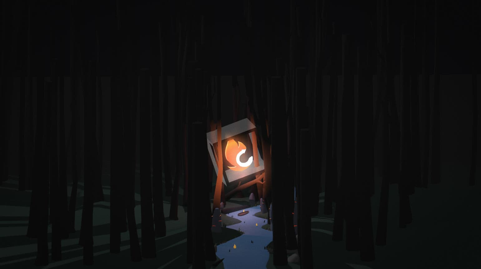 A Camphor render: the mark burning inside a frame deep in a pitch-black forest, the only light for miles